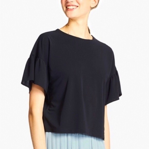 UNIQLO Black Top/ Blouse with Short Ruffle Flutter Sleeves - Picture 2 of 6